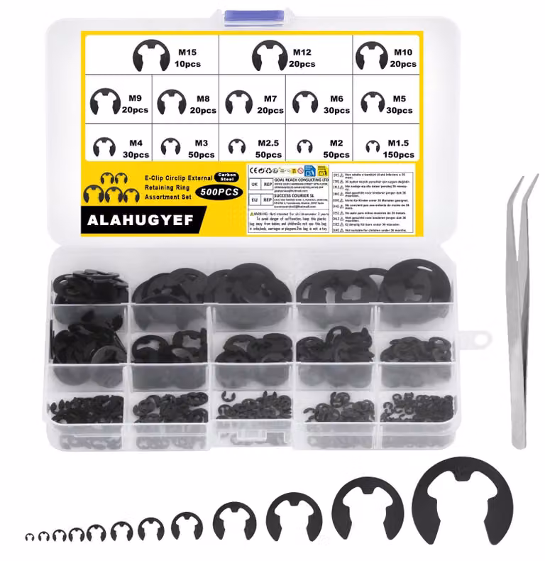Set di anelli di sicurezza E-Clip, 500 pezzi, 13 dimensioni, Acciaio al carbonio