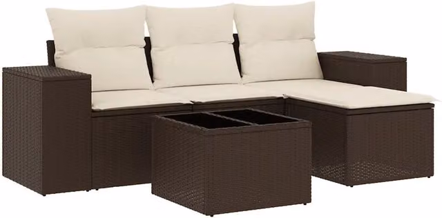 Set Divano da Giardino a L DESIGN IN composto da 5 pezzi in Polyrattan Marrone e Bianco con Cuscini e Tavolino da Caffè – 1