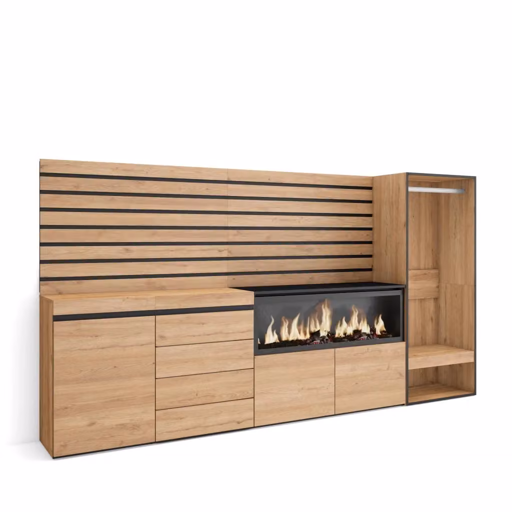 Credenza con Camino Elettrico XXL e Armadio Aperto SKRAUT HOME, Colore Rovere, L: 274 cm, P: 35 cm, H: 145 cm – 2