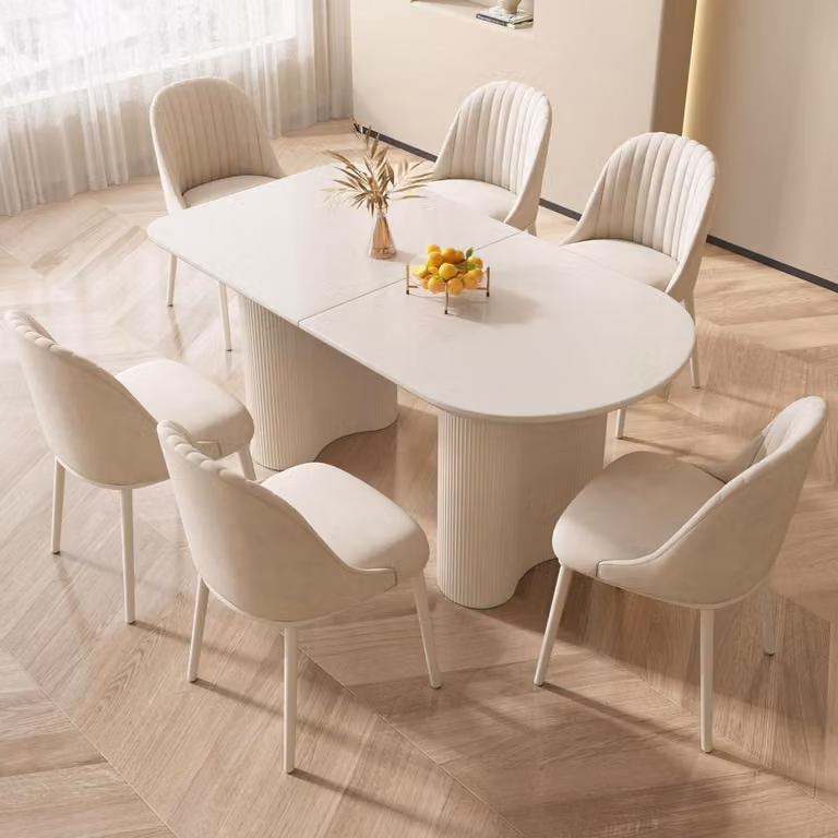 Tavolo da pranzo con 6 sedie, colore bianco, dimensioni 140 cm. Design minimalista. Sedie imbottite, salvaspazio