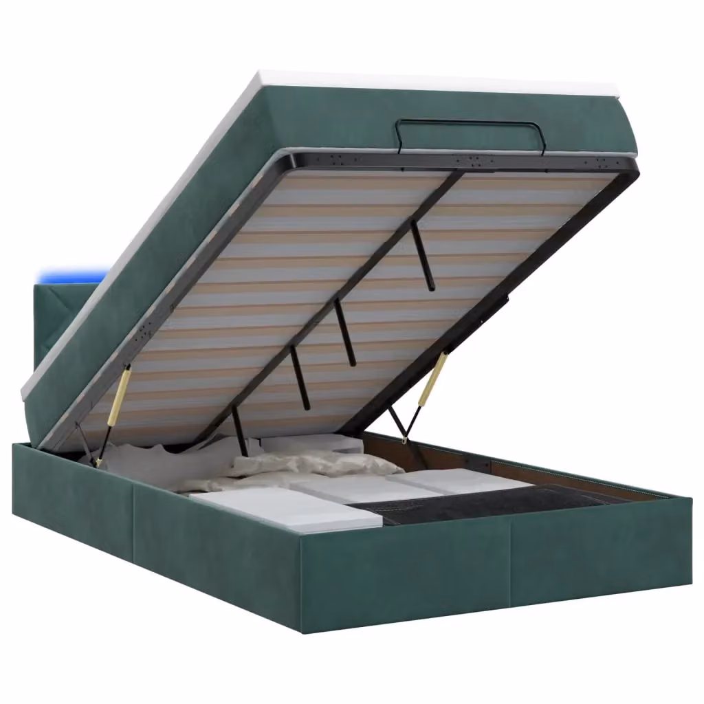 Letto Ottomano vidaXL in Velluto Verde con Materasso Ibrido e Illuminazione LED Sotto il Letto L: 120 cm, P: 200 cm, H: 88 cm – 2