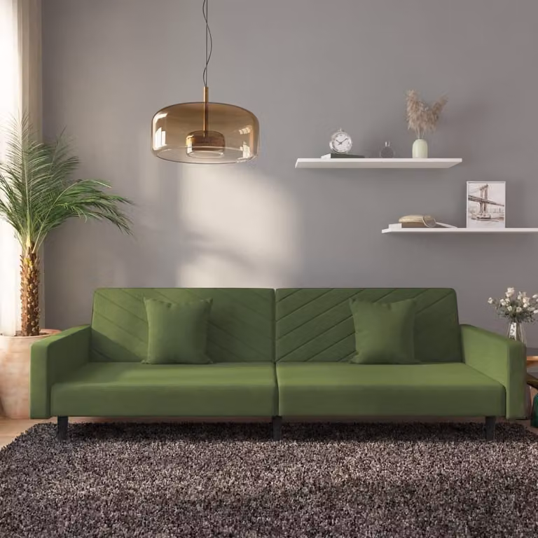 vidaXL Divano Letto Click-Clack in Velluto Verde con Cuscini e Struttura in Legno Massiccio