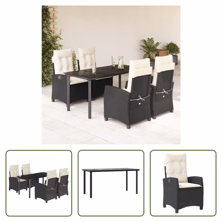 The Living Store Set da pranzo da giardino 5 pezzi con cuscini in poly rattan nero