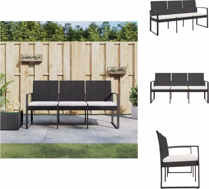 vidaXL Panca da giardino a 3 posti con cuscini in PP rattan nero - Panche da giardino