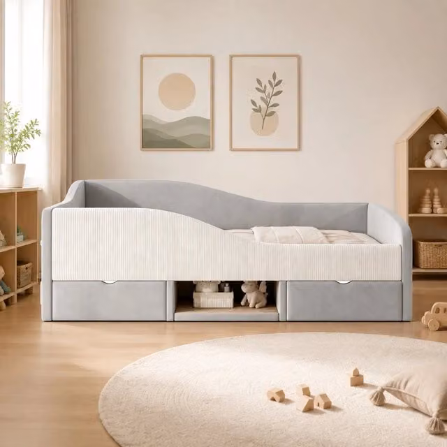 Letto imbottito per bambini 90 x 190 cm con 2 cassetti; sponde e vano scarpe; grigio