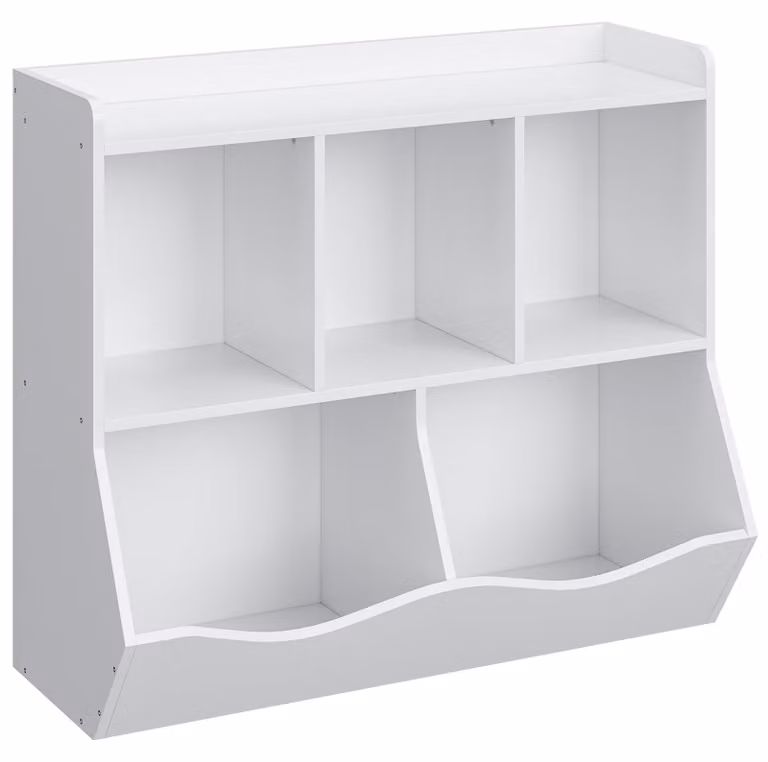 Scaffale per bambini, a 2 livelli con 5 scomparti – Organizzatore per giocattoli e libri per la cameretta dei più piccoli (bianco)