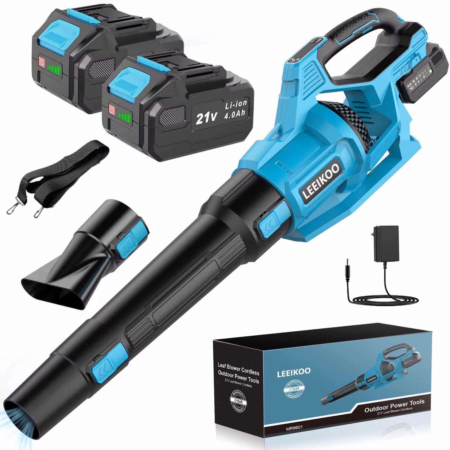 Accubladblazer senza fili - 21 V, con 2 batterie da 4,0 Ah - 3 impostazioni di velocità - Materiale: plastica e metallo - Ideale per giardino e vialetti
