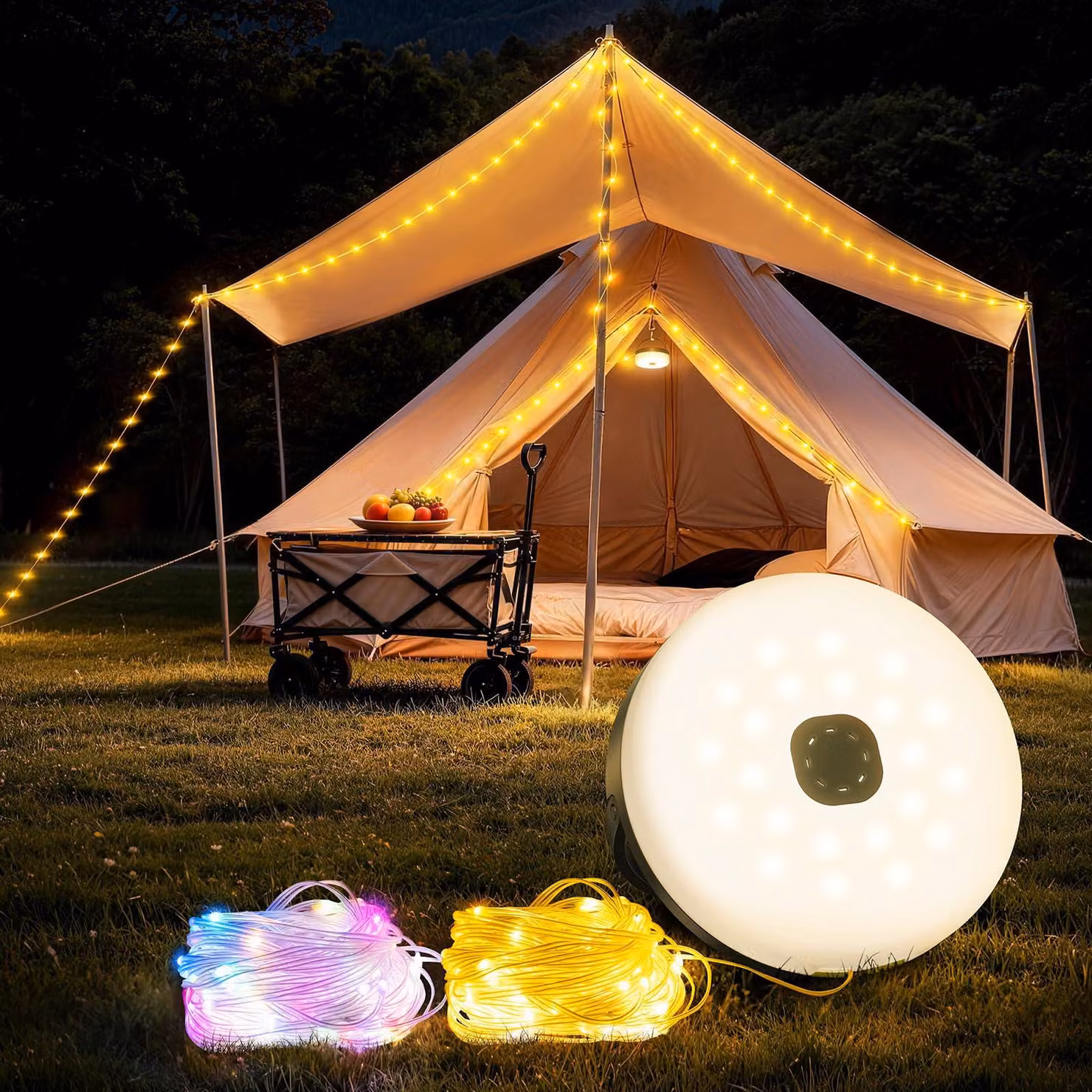 Catena luminosa da campeggio arrotolabile, 10 metri, 3-in-1, luce bianco caldo e RGB, grado di protezione IP65