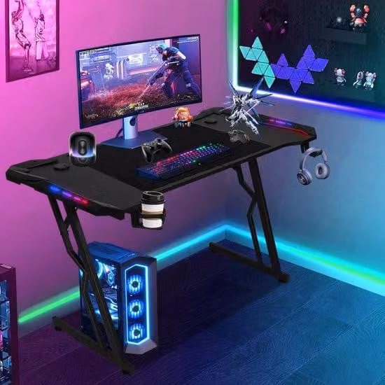 Scrivania da gaming con illuminazione a LED, 140x60 cm, tastiera RGB inclusa, postazione da gaming, scrivania per computer, tavolo da gaming