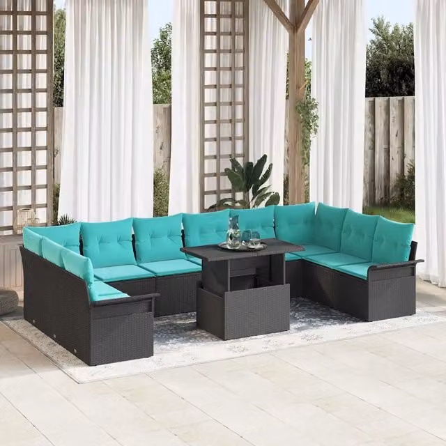 Set Divano da Giardino a Forma di U vidaXL con Cuscini Turchesi e Tavolino in Vetro Nero – 1