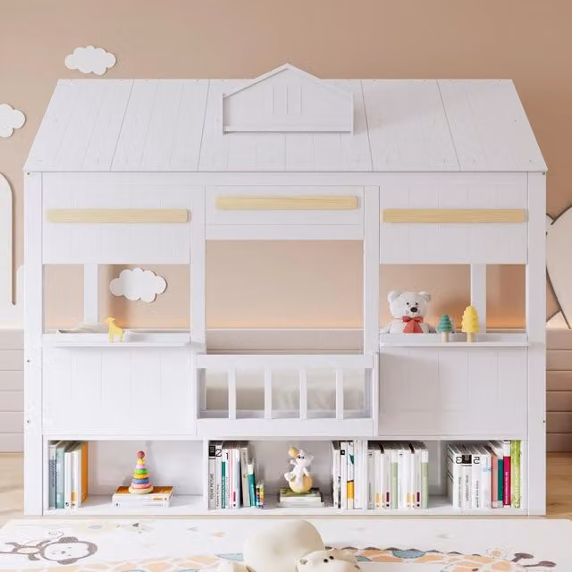 Letto a soppalco singolo per bambini in legno di pino e MDF bianco con libreria e scomparti laterali L/P/H: 207 x 90 x 193,1 cm