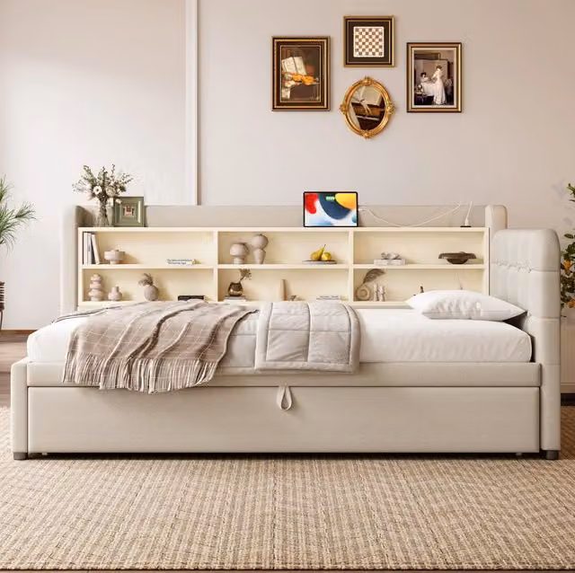 Letto da giorno ULEVR 90x200 cm estraibile in letto 180x200 cm, USB e Type-C, lino beige