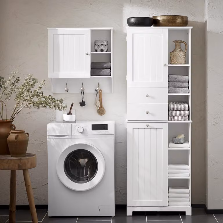 BZR104, mobile alto per il bagno, mobile stretto per la biancheria con anta a ribalta, bianco
