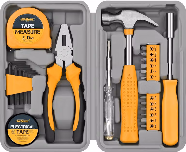 Set di utensili per la casa, il garage e lavori di bricolage, colore giallo