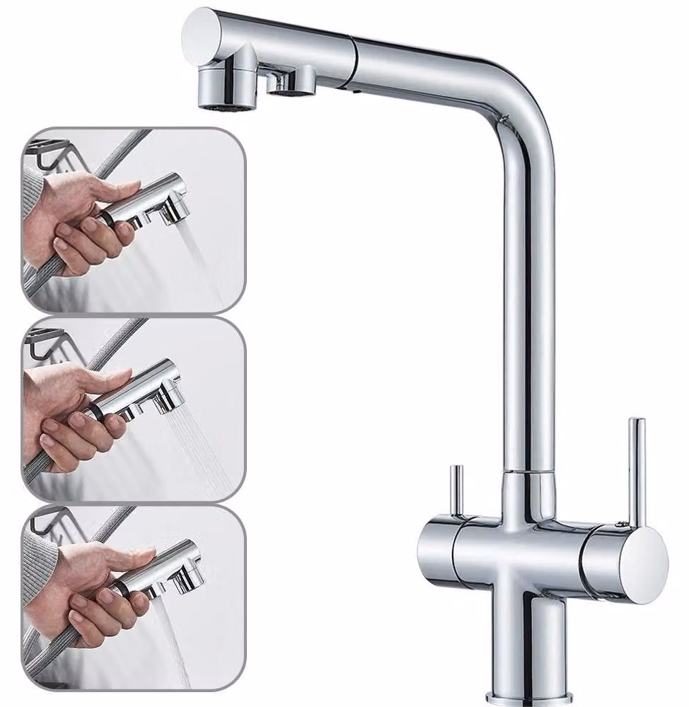 Miscelatore per cucina - Filtro dell'acqua 3-in-1 - Doccetta estraibile - A due manopole - Per acqua potabile - Rotazione a 360° - Montaggio su foro singolo - Cromato