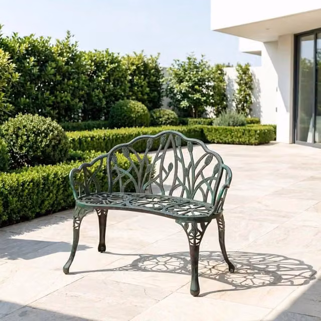 Panchina da giardino WISHDOR in alluminio verde con decoro floreale e braccioli per 2 persone