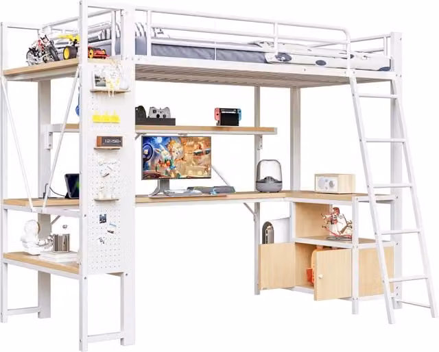 Letto a castello REDOM bianco con scrivania, illuminazione LED sotto il letto e porta di ricarica USB, L/P/H: 200 x 90 x 120 cm – 1