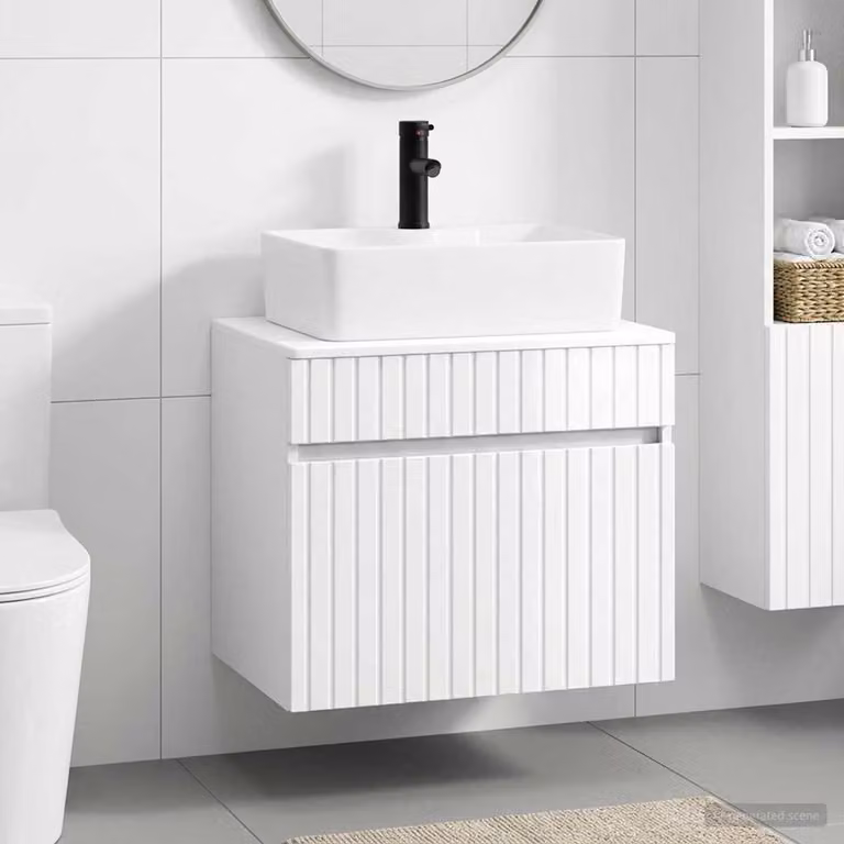 Set di mobili per il bagno moderno vidaXL in MDF bianco lucido con cassetti e ante, sospeso, L/P/H: 59,0 x 44,5 x 50,0 cm