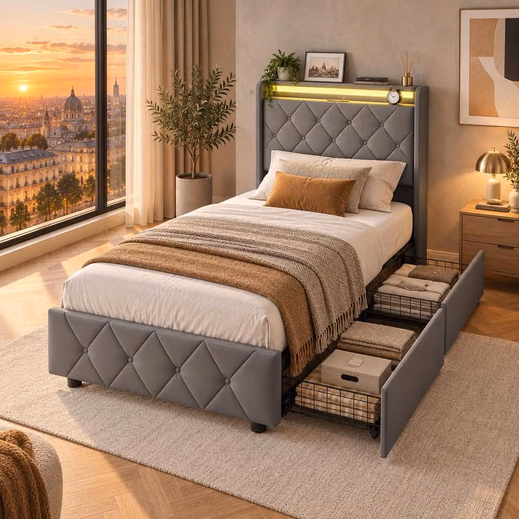 Letto imbottito INONEFT 90x200 con 2 cassetti, letto per ragazzi con LED e USB, letto singolo con spazio contenitivo, letto multifunzionale con contenitore, struttura letto in velluto, colore grigio