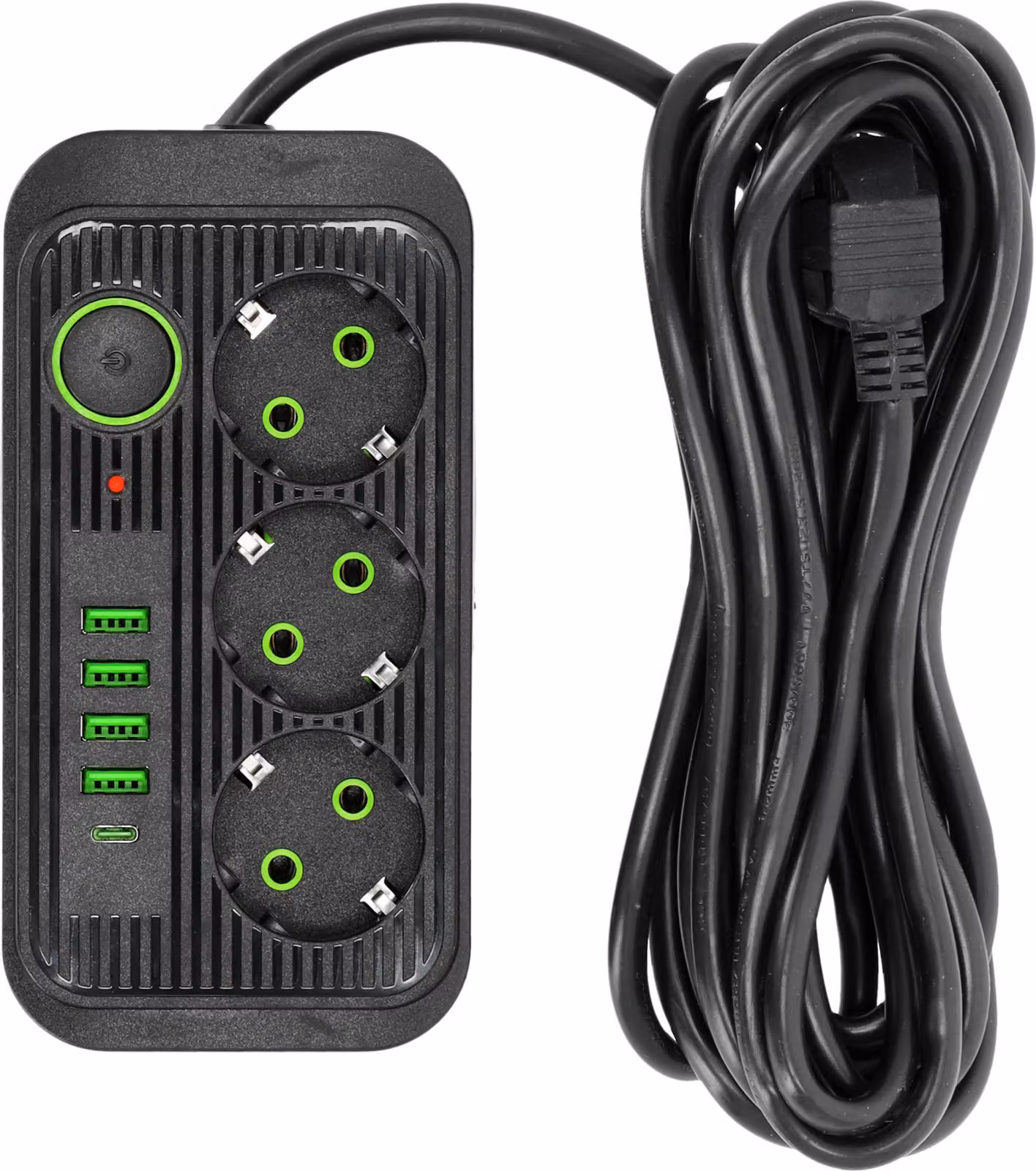 Presa di corrente di prolunga KOBI LINEA PRO Nero Presa di corrente multipla a 3 scomparti con 4xUSB A e 1 USB-C, 2500W presa multipla 10A cavo di prolunga 5 m