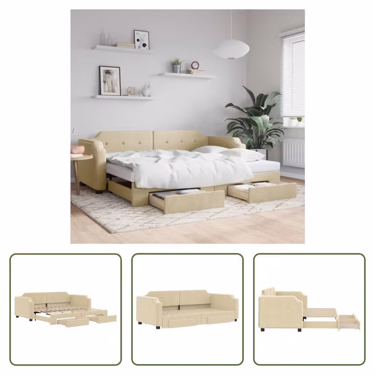 The Living Store letto da giorno allungabile con cassetti crema 80x200 cm in tessuto