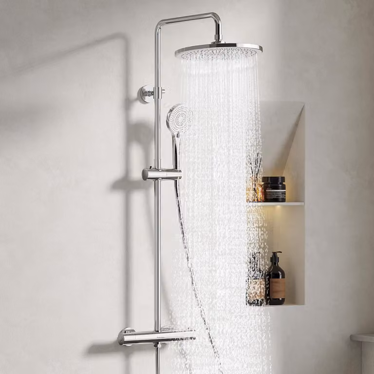 Sistema doccia con termostato, cromo, 255 mm, doccia a pioggia, soffione manuale, 3 getti, altezza regolabile da 110 a 125 cm, corpo in ottone
