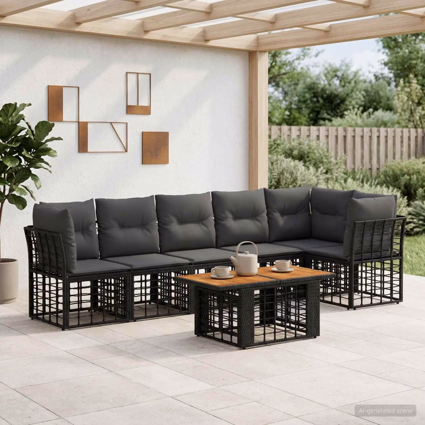 Set Divano da Giardino vidaXL 7 Pezzi a Forma di L con Tavolino, Colore Nero e Grigio, Struttura in Metallo e Polyrattan con Cuscini Imbottiti