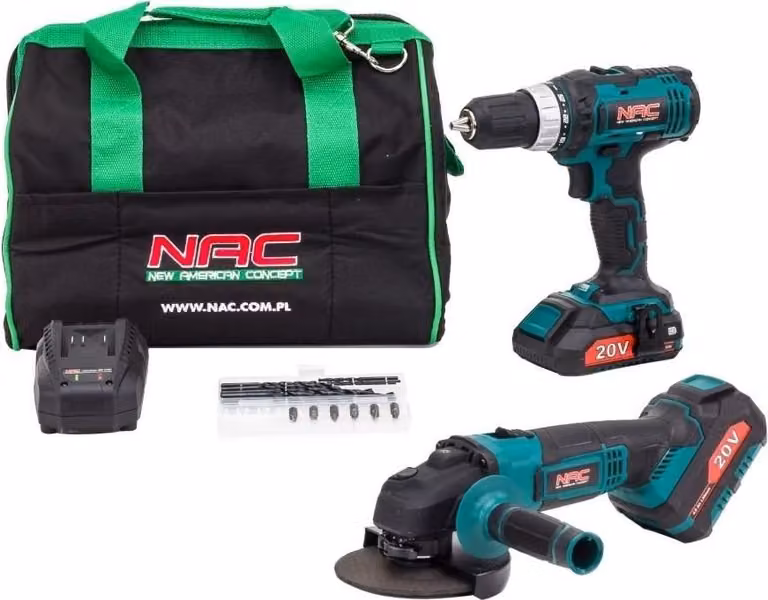 Set trapano/avvitatore Nac 20V + smerigliatrice angolare 125Mm 1X2,0Ah + 1X4,0Ah Borsa