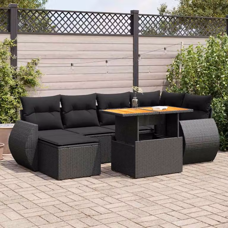 Set di divani da giardino vidaXL in rattan e legno di acacia oliato con 7 cuscini, colore nero