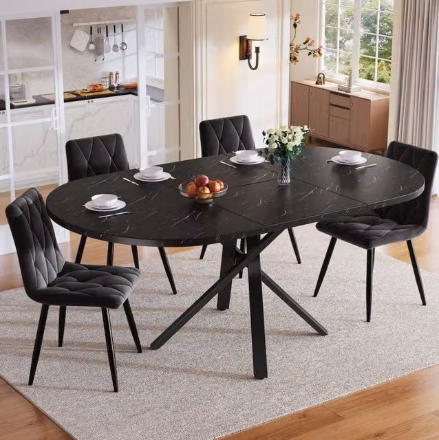 Set tavolo estensibile rotondo 100-140 cm con 4 sedie nere