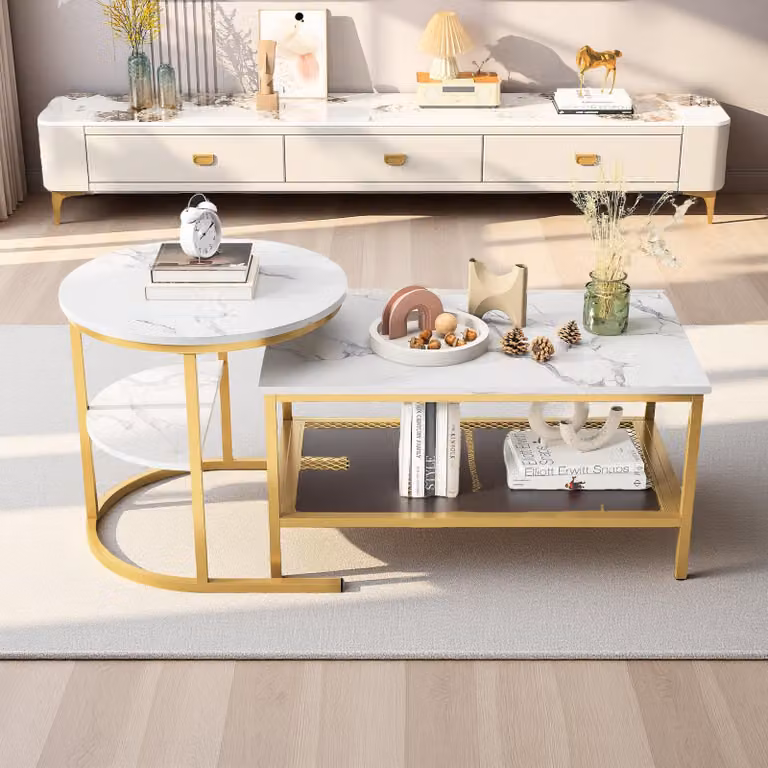 Set di tavolini da caffè ProximaX, tavolo rettangolare e tavolo a mezzaluna, con gambe dorate, salvaspazio e pratico, soggiorno, bianco