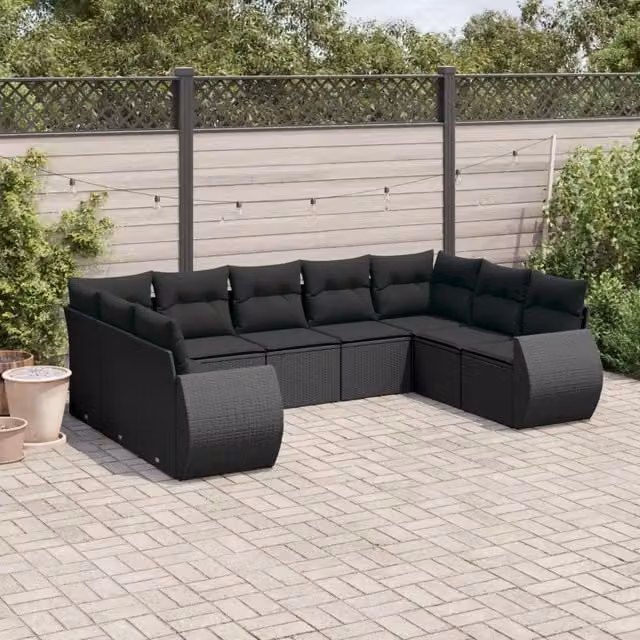 Set Divani da Giardino 9 pz con Cuscini Nero in Polyrattan 3221794
