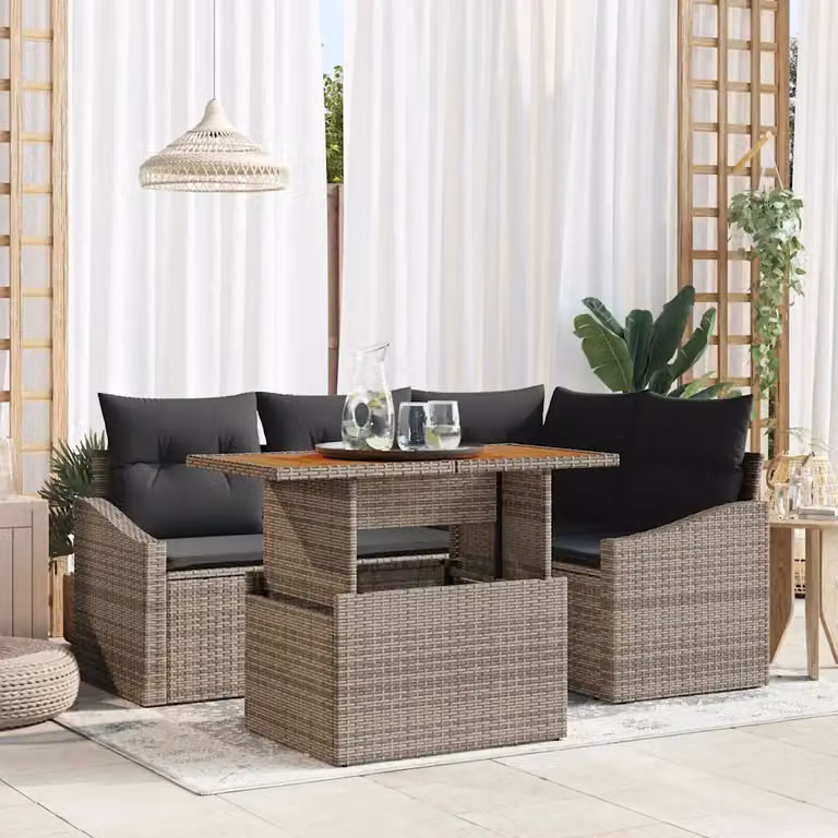 Set Divano da Giardino a L vidaXL in Rattan e Metallo Grigio con 5 Pezzi e Cuscini