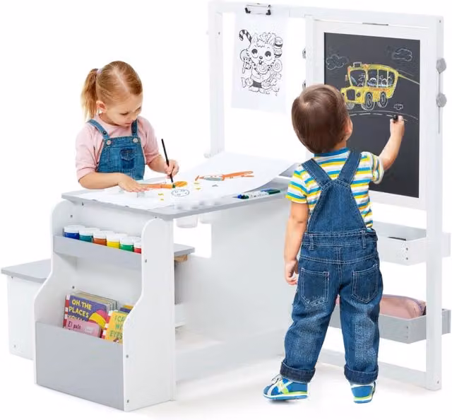 Set 3 in 1 Tavolo e Sedie per Bambini Costway in Legno con Lavagna Reversibile e Altezza Regolabile, Bianco e Grigio