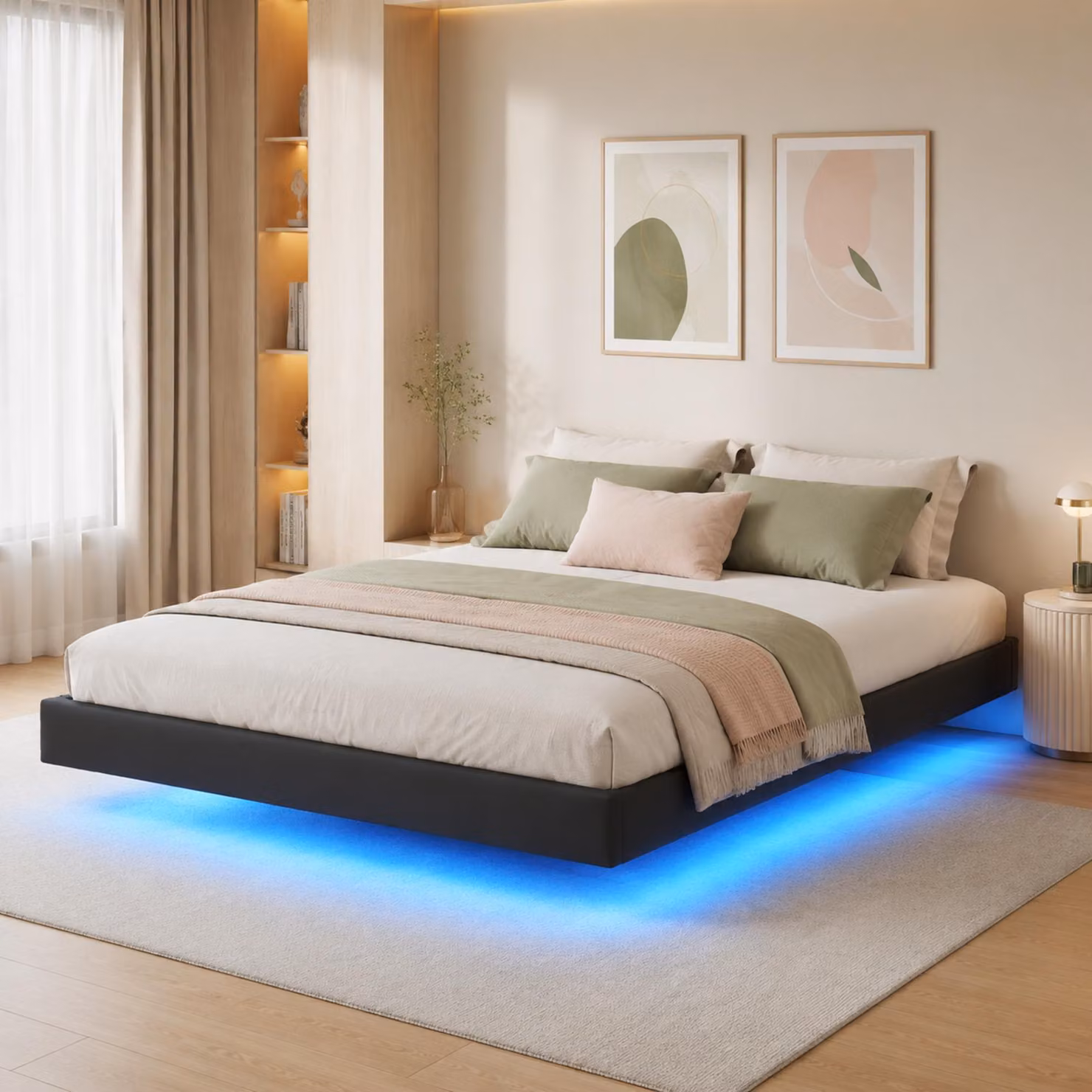 Letto imbottito INONEFT, modello "letto sospeso", dimensioni 160x200 cm, con illuminazione LED, letto matrimoniale con sistema idraulico e spazio contenitore, struttura letto per giovani con rete a doghe, rivestimento inPoliuretanonero, senza testiera