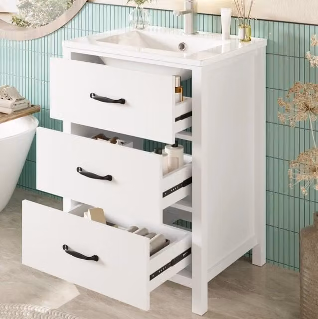 Mobile bagno ULEVR 61x47x83 cm con lavabo in ceramica e 3 cassetti, bianco