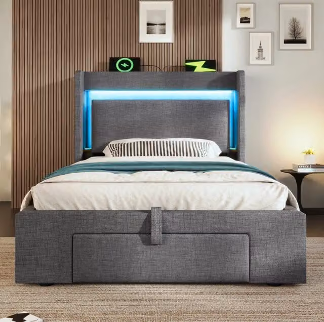 Letto singolo contenitore 90x200 cm con materasso, LED e ricarica USB/USB-C grigio HAVRYA