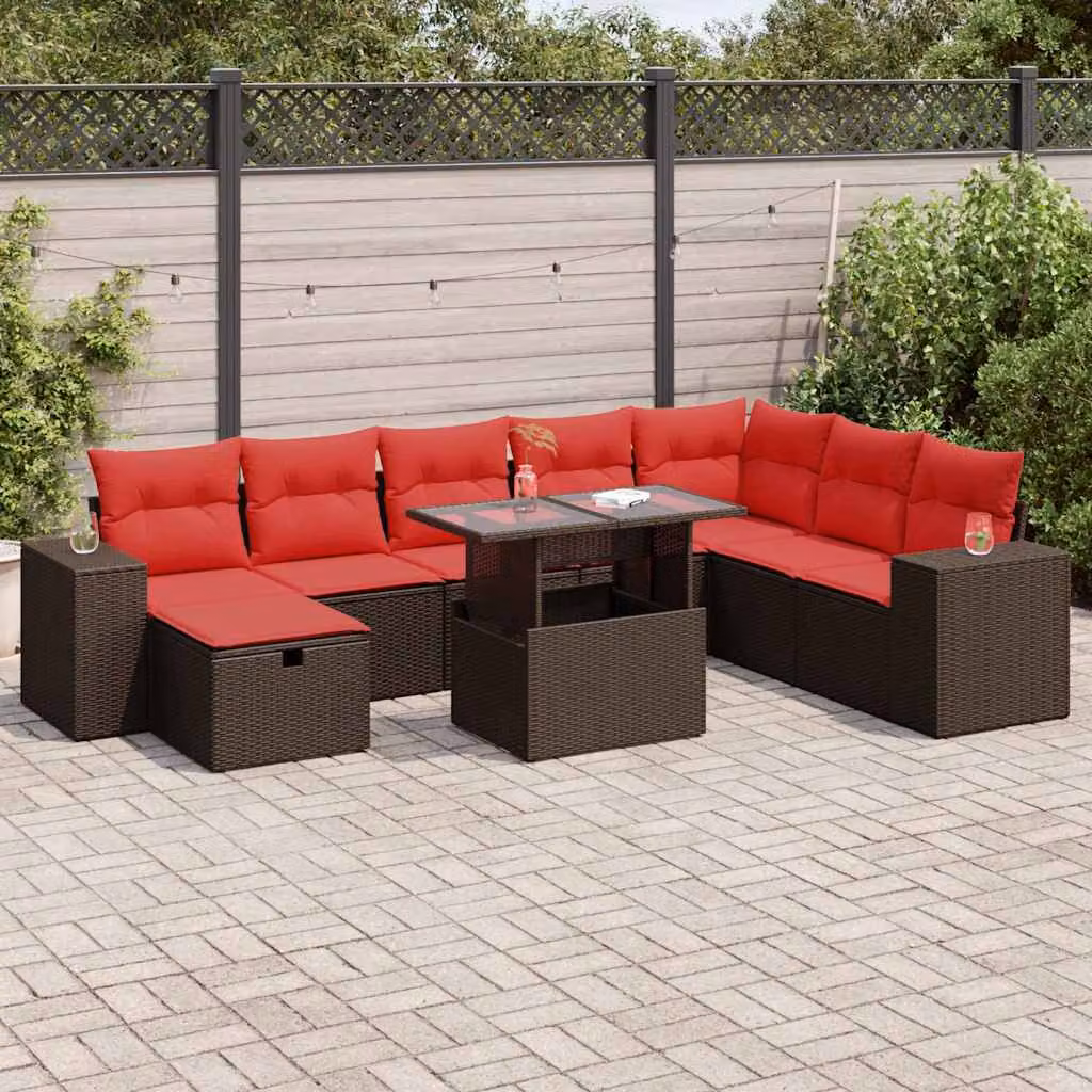 Set di divani da giardino vidaXL 9 pz con cuscini e tavolino, design moderno a forma di U in rattan nero con struttura in acciaio e vetro