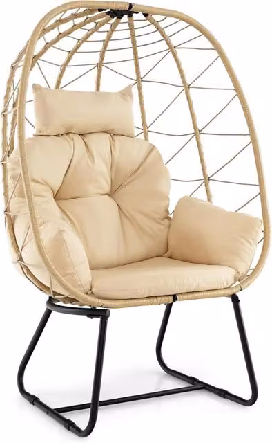 Costway Poltrona sospesa a uovo in rattan con cuscino rimovibile e supporto in metallo, Beige, H 145 x L 100 x P 76 cm