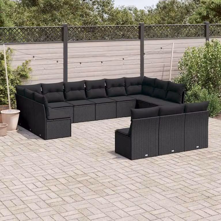 Set di divani da giardino vidaXL a forma di U in polyrattan nero con cuscini inclusi