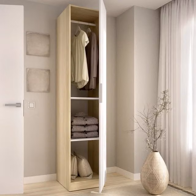 DMORA Guardaroba Moderno con Anta e Cassetti, Bianco e Marrone, L/P/H: 51 x 46 x 204 cm
