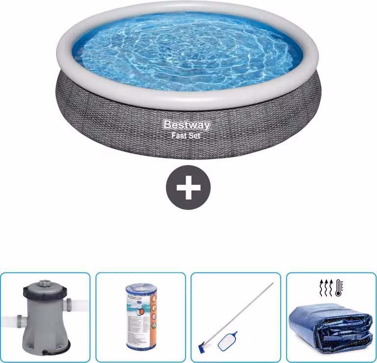 Piscina gonfiabile rotonda Bestway - stampa rattan - 366 x 76 cm - inclusa pompa - filtro - kit di pulizia - tenda da sole