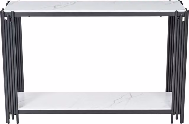 Consolle con 2 ripiani, finitura marmo bianco e struttura in metallo nero, per ingresso, soggiorno, 123,5 × 33,5 × 80 cm