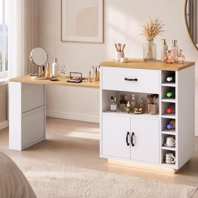 Desviae Carrello da cucina con tavolo estraibile 2 cassetti 4 ante portabottiglie ripiano aperto in MDF bianco con maniglie nere