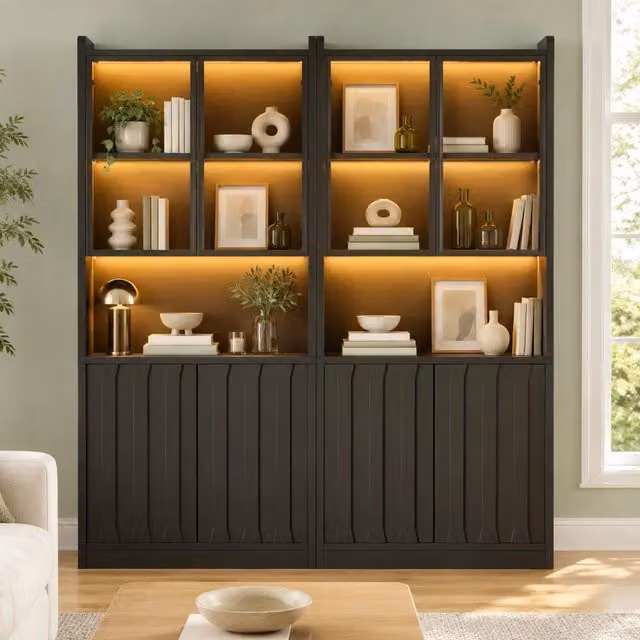 Vetrina 2 pezzi 160x35x200 cm nera con LED in truciolare -