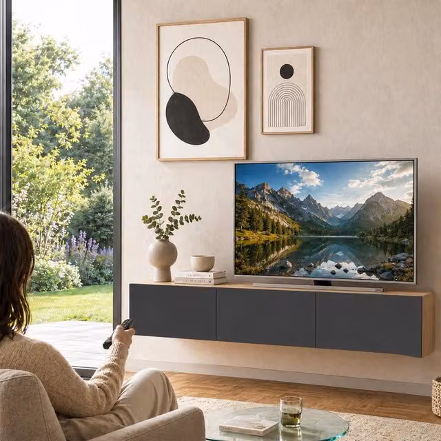 Mobile TV sospeso Shally Dogan FRANCY in legno color quercia e antracite con 3 ante a ribalta L: 180 cm, P: 31 cm, H: 29,5 cm