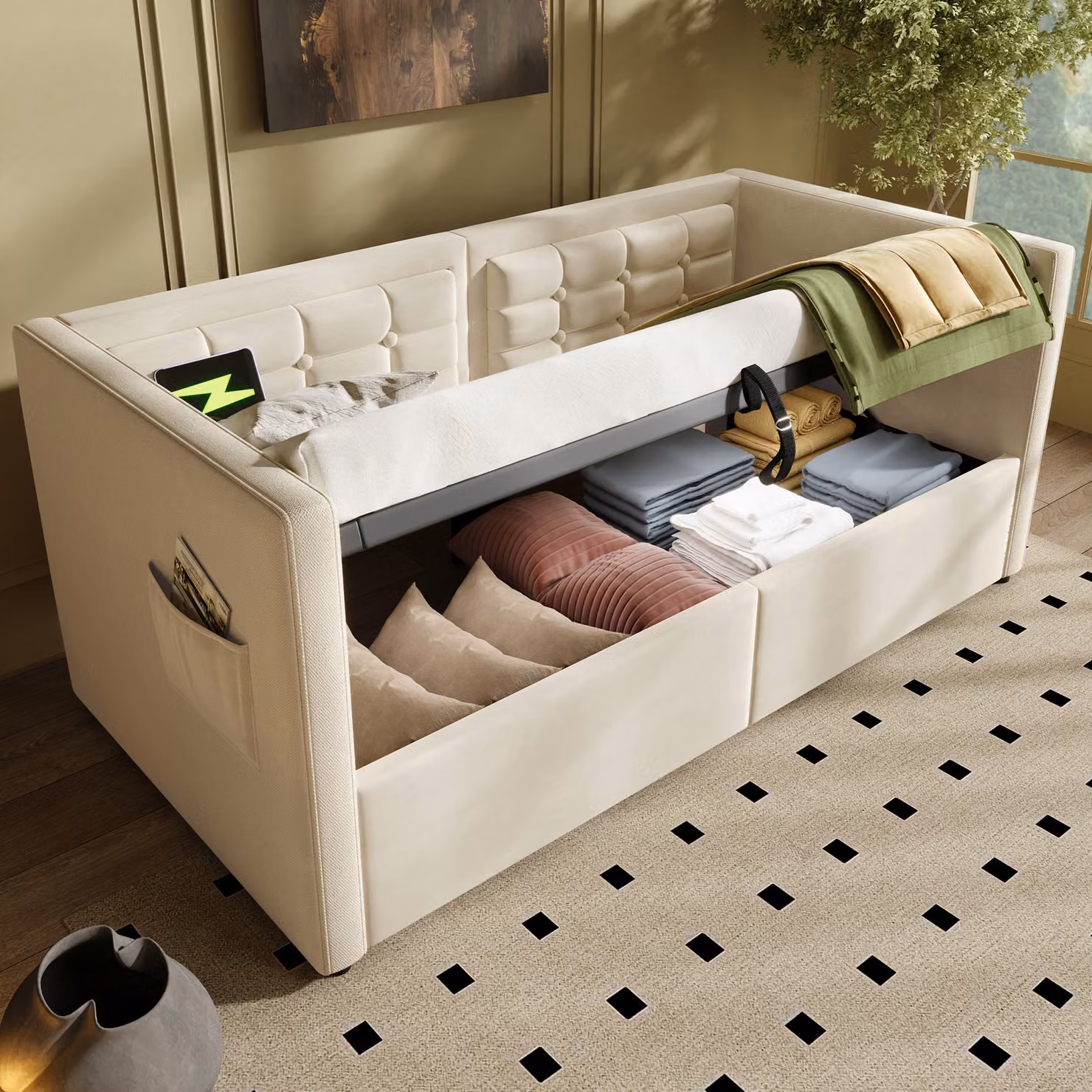 Flieks letto imbottito idraulico 90x200cm con USB e Type C, divano letto daybed con vani portaoggetti, daybed letto singolo letto per ragazzi, velluto, beige