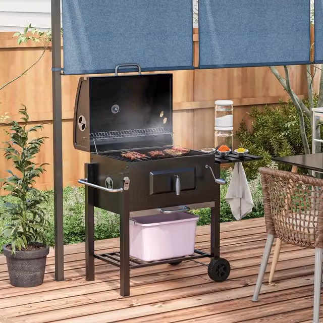 Barbecue a carbone 113x65x108 cm con regolazione della temperatura in acciaio inox nero