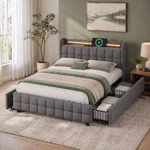 Letto matrimoniale 140x200 cm con USB; prese elettriche; LED e 4 cassetti; grigio