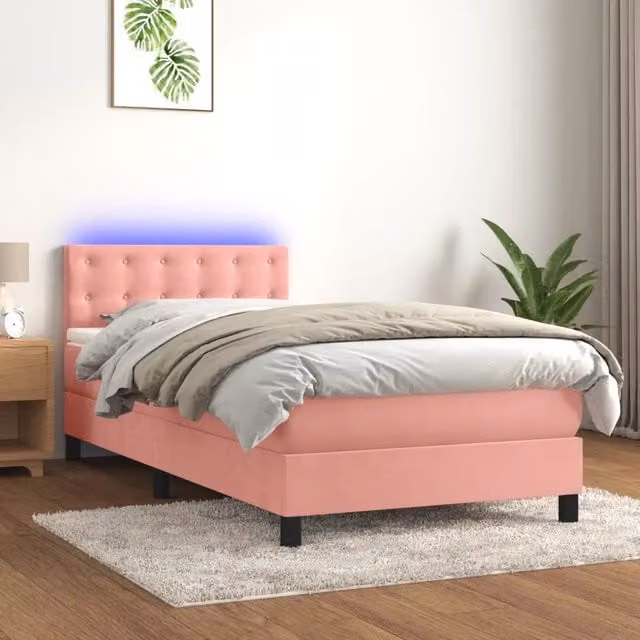 Letto a molle con materasso vidaXL in velluto rosa e bianco con illuminazione LED e porta USB, L/P: 90 x 200 cm